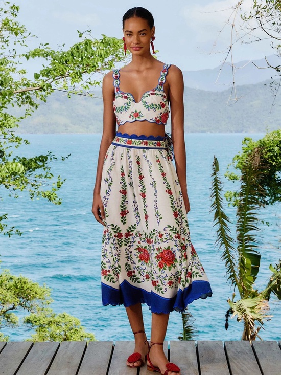 FARM Rio Dresses & Skirts - FARM Rio White A-Line Skirt with Red Floral Embroidery and Navy Trim